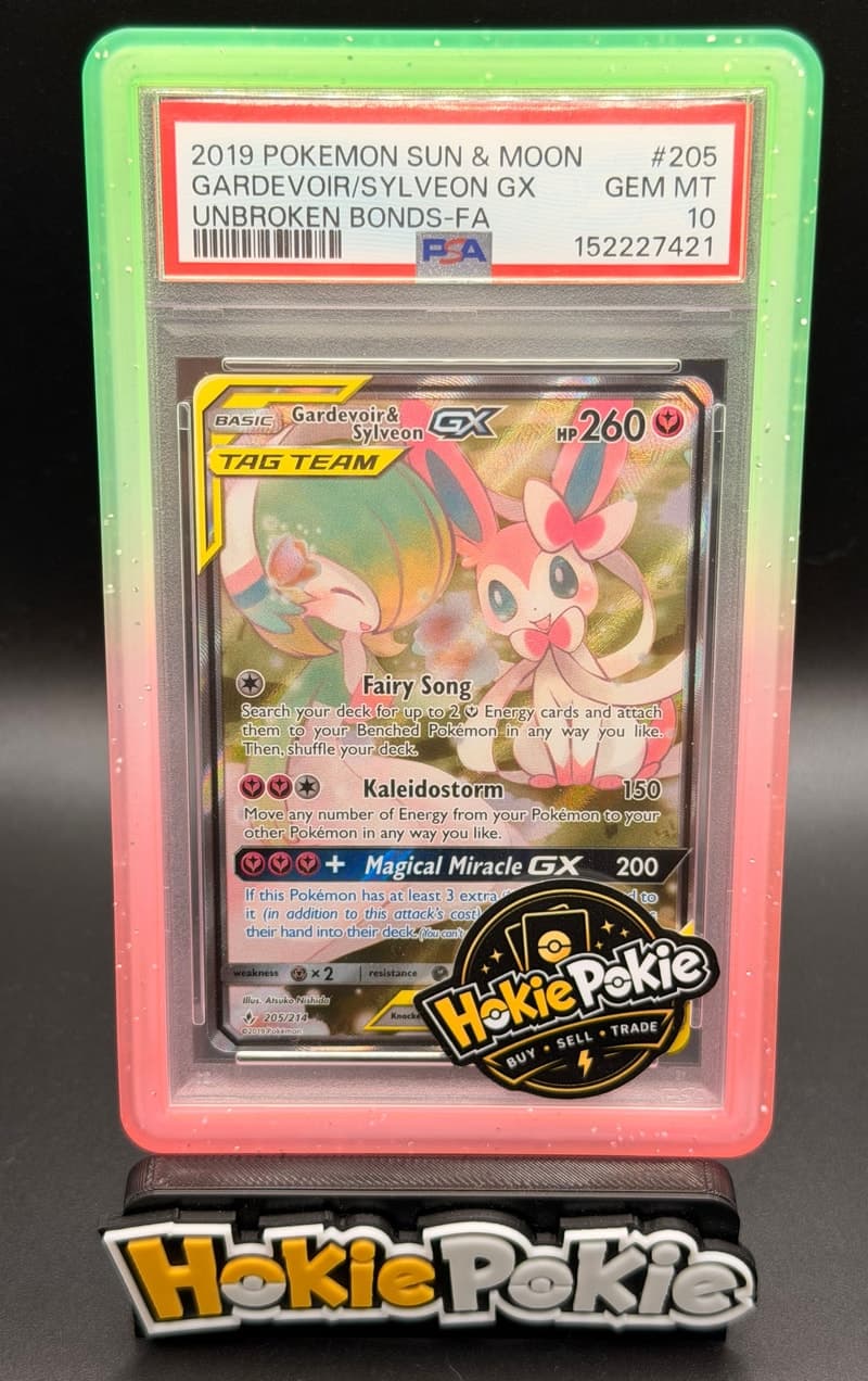 Gardevoir & Sylveon GX, PSA 10 graded, card 205 of 214 from the 2019 Unbroken Bonds Pokémon TCG set.