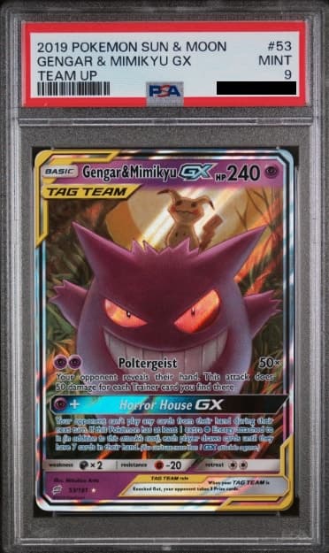 Gengar & Mimikyu GX, PSA 9 graded, card 53 of 181 from the 2019 Team Up Pokémon TCG set.