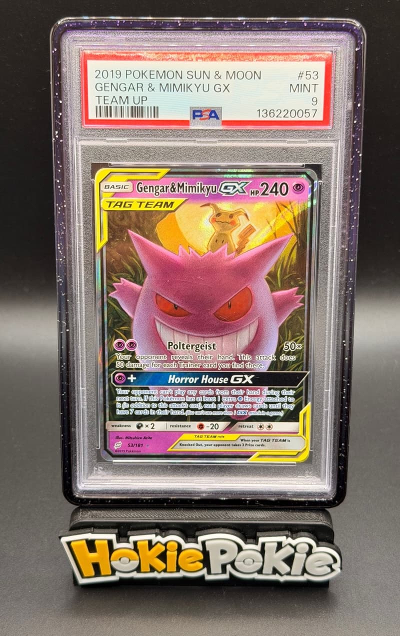 Gengar & Mimikyu GX, PSA 9 graded, card 53 of 181 from the 2019 Team Up Pokémon TCG set.