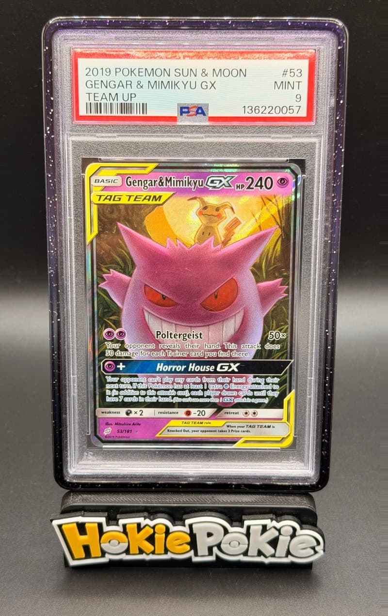 Gengar & Mimikyu GX, PSA 9 graded, card 53 of 181 from the 2019 Team Up Pokémon TCG set.