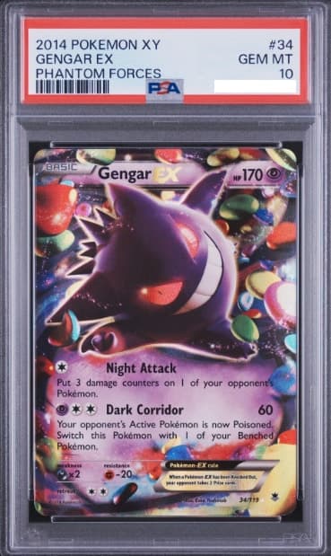 Gengar EX, PSA 10 graded, card 34 of 119 from the 2014 Phantom Forces Pokémon TCG set.