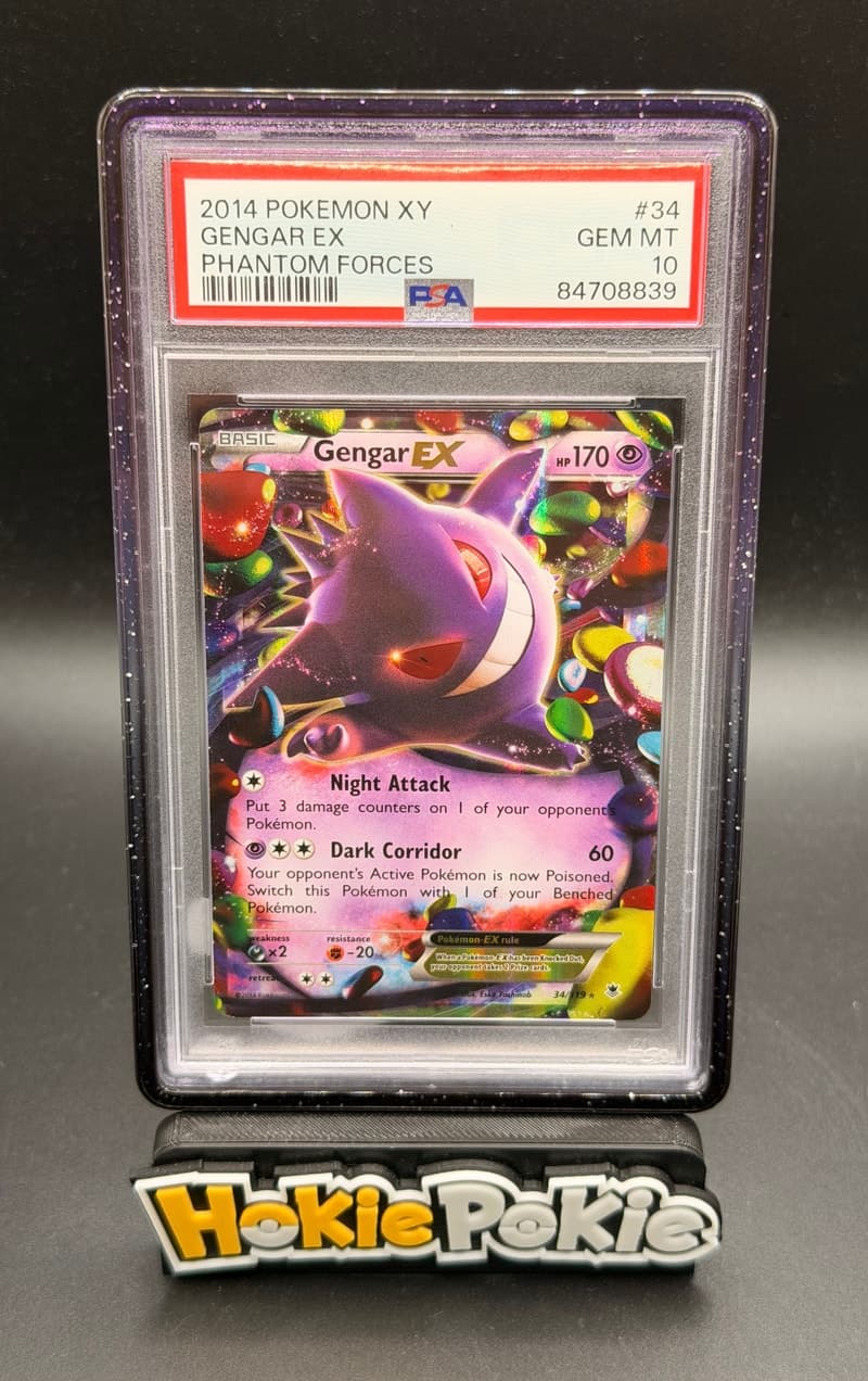 Gengar EX, PSA 10 graded, card 34 of 119 from the 2014 Phantom Forces Pokémon TCG set.