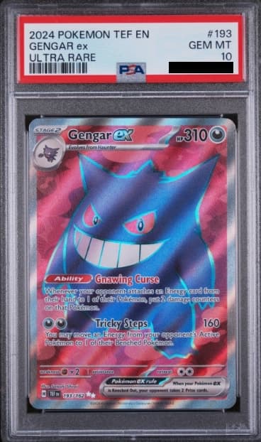 Gengar ex, PSA 10 graded, card 193 of 162 from the 2024 Temporal Forces Pokémon TCG set.