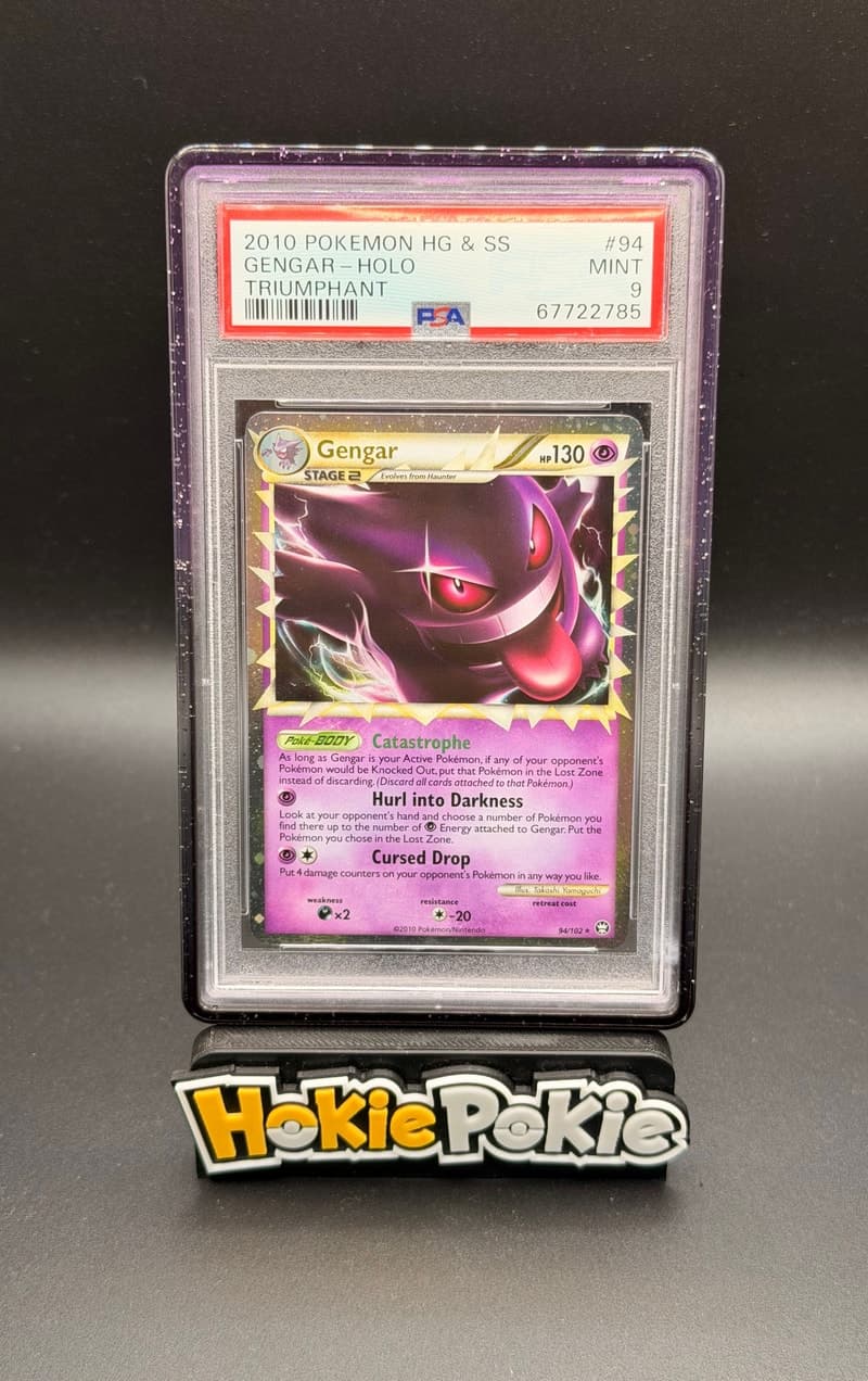 Gengar Prime, PSA 9 graded, card 94 of 102 from the 2010 HS Triumphant Pokémon TCG set. Actual photo of the card in hand.