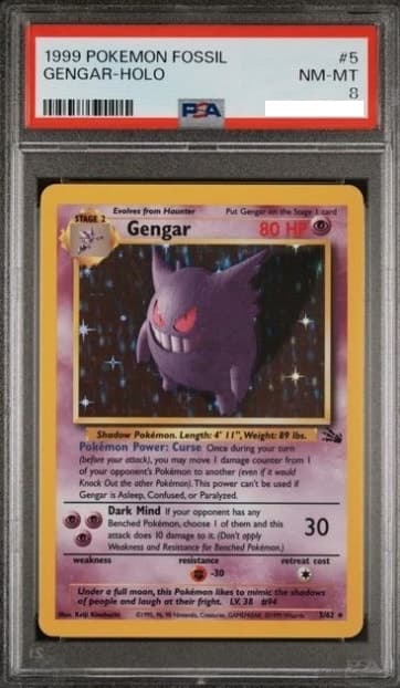 Gengar, PSA 8 graded, card 5 of 62 from the 1999 Fossil Pokémon TCG set.