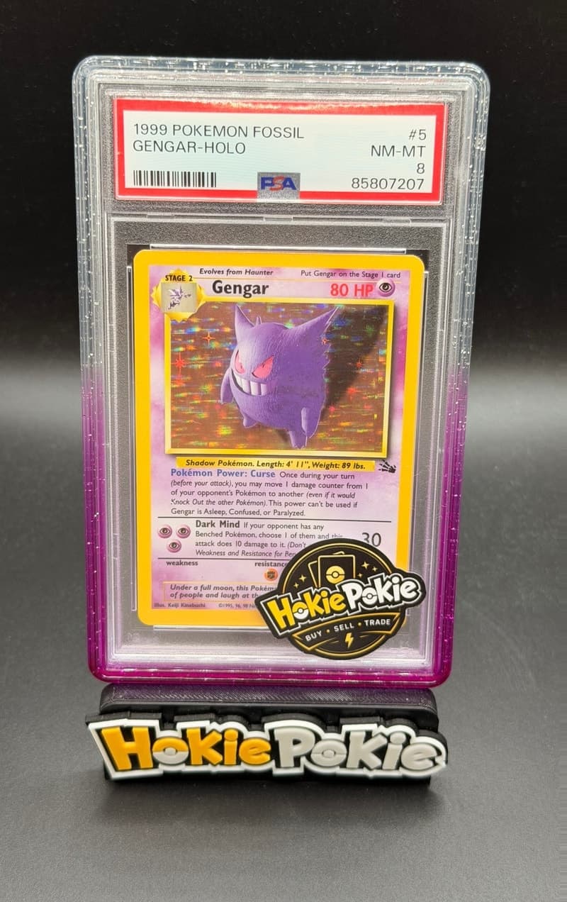 Gengar, PSA 8 graded, card 5 of 62 from the 1999 Fossil Pokémon TCG set.