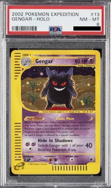 Gengar, PSA 8 graded, card 13 of 165 from the 2002 Expedition Base Set Pokémon TCG set.