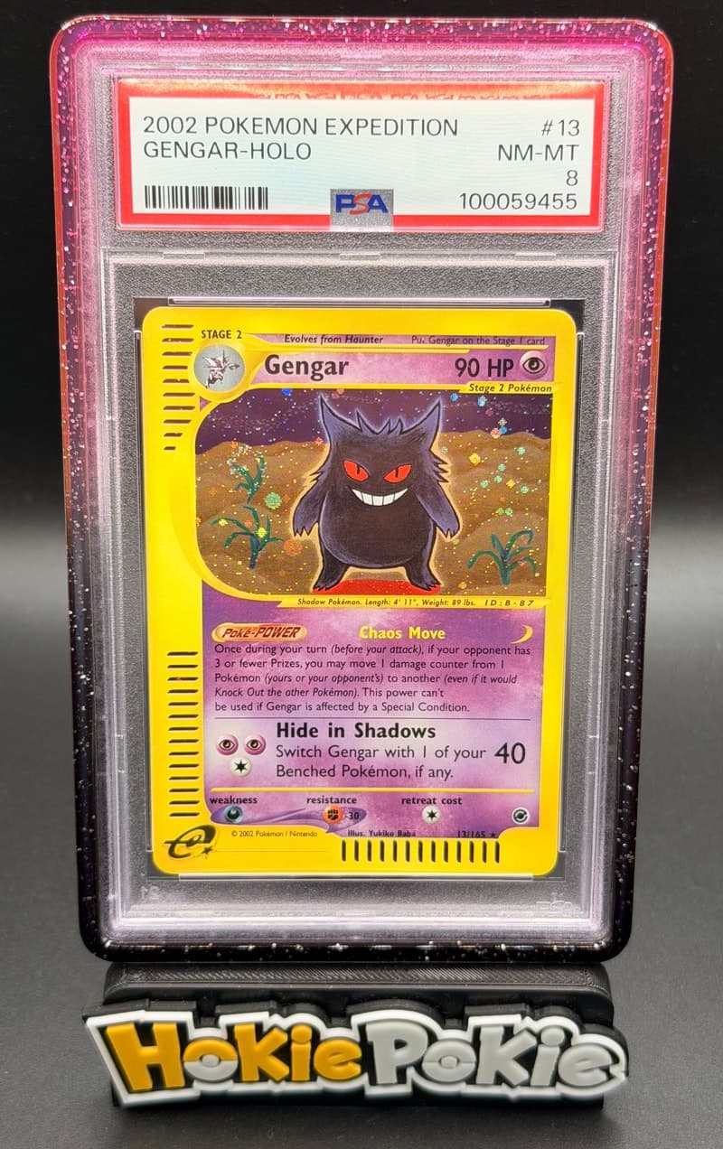 Gengar, PSA 8 graded, card 13 of 165 from the 2002 Expedition Base Set Pokémon TCG set.