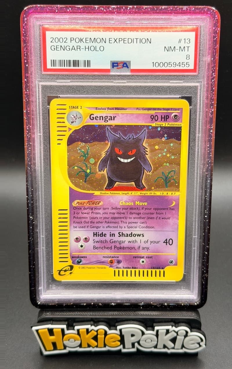 Gengar, PSA 8 graded, card 13 of 165 from the 2002 Expedition Base Set Pokémon TCG set.