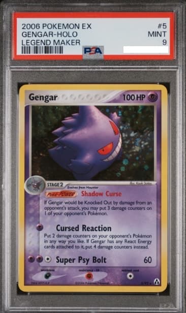 Gengar, PSA 9 graded, card 5 of 92 from the 2006 EX Legend Maker Pokémon TCG set.