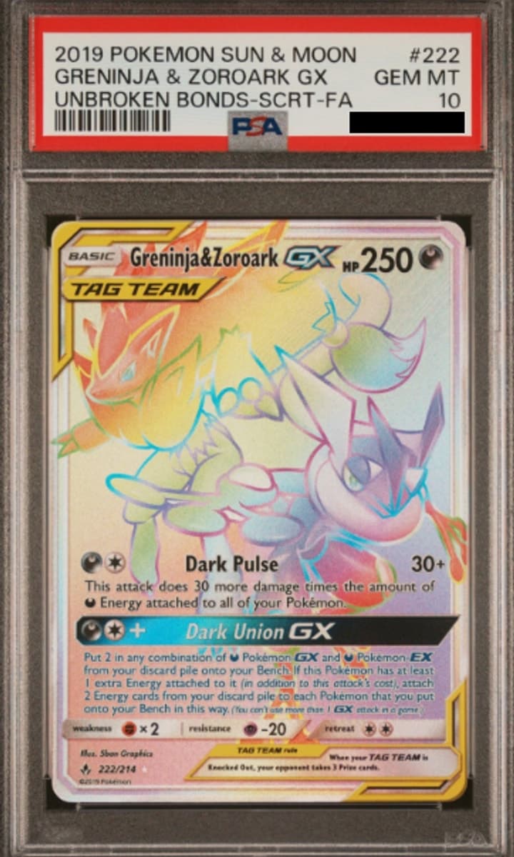Greninja & Zoroark GX, PSA 10 graded, card 222 of 214 from the 2019 Unbroken Bonds Pokémon TCG set.