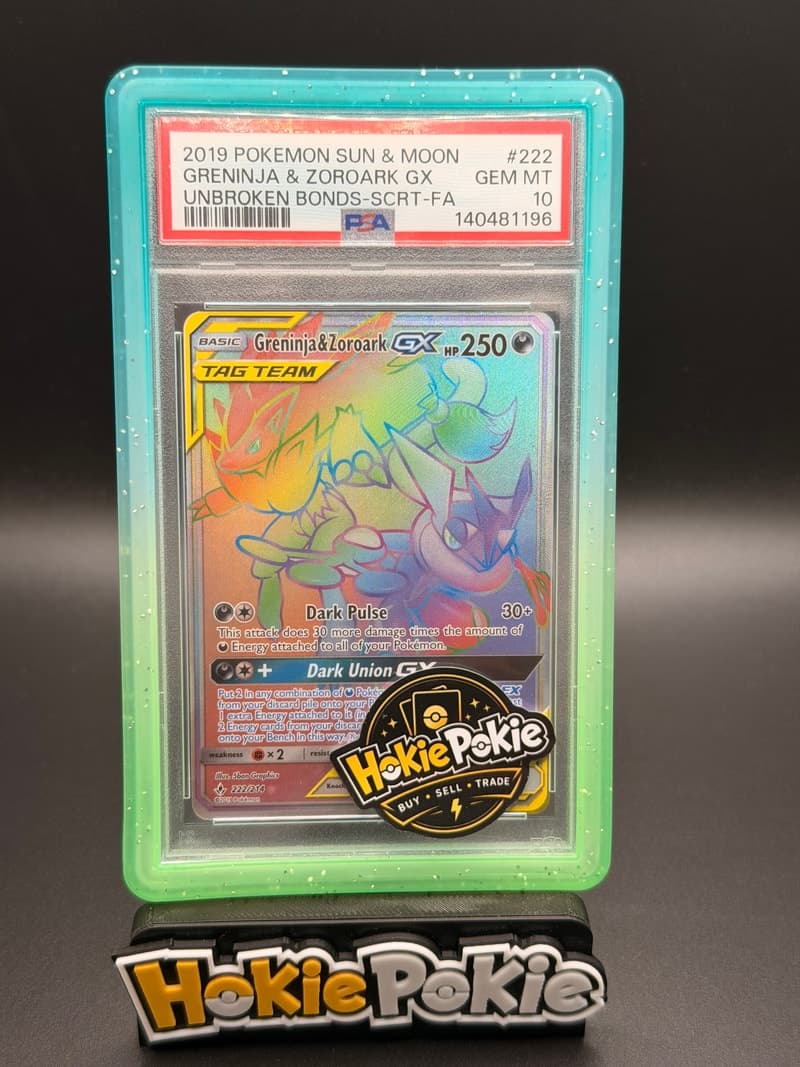 Greninja & Zoroark GX, PSA 10 graded, card 222 of 214 from the 2019 Unbroken Bonds Pokémon TCG set. Actual photo of the card in hand.