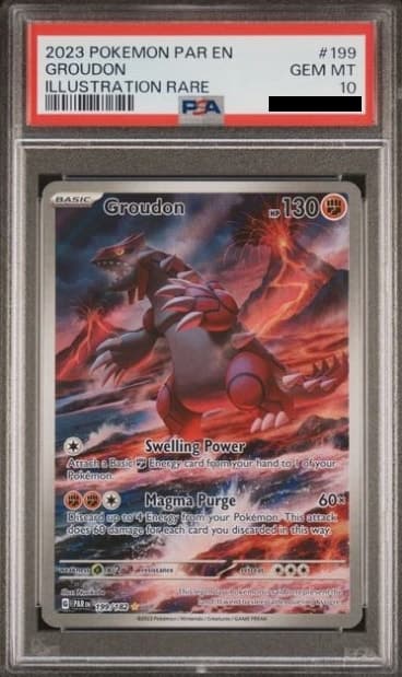 Groudon, PSA 10 graded, card 199 of 182 from the 2023 Paradox Rift Pokémon TCG set.