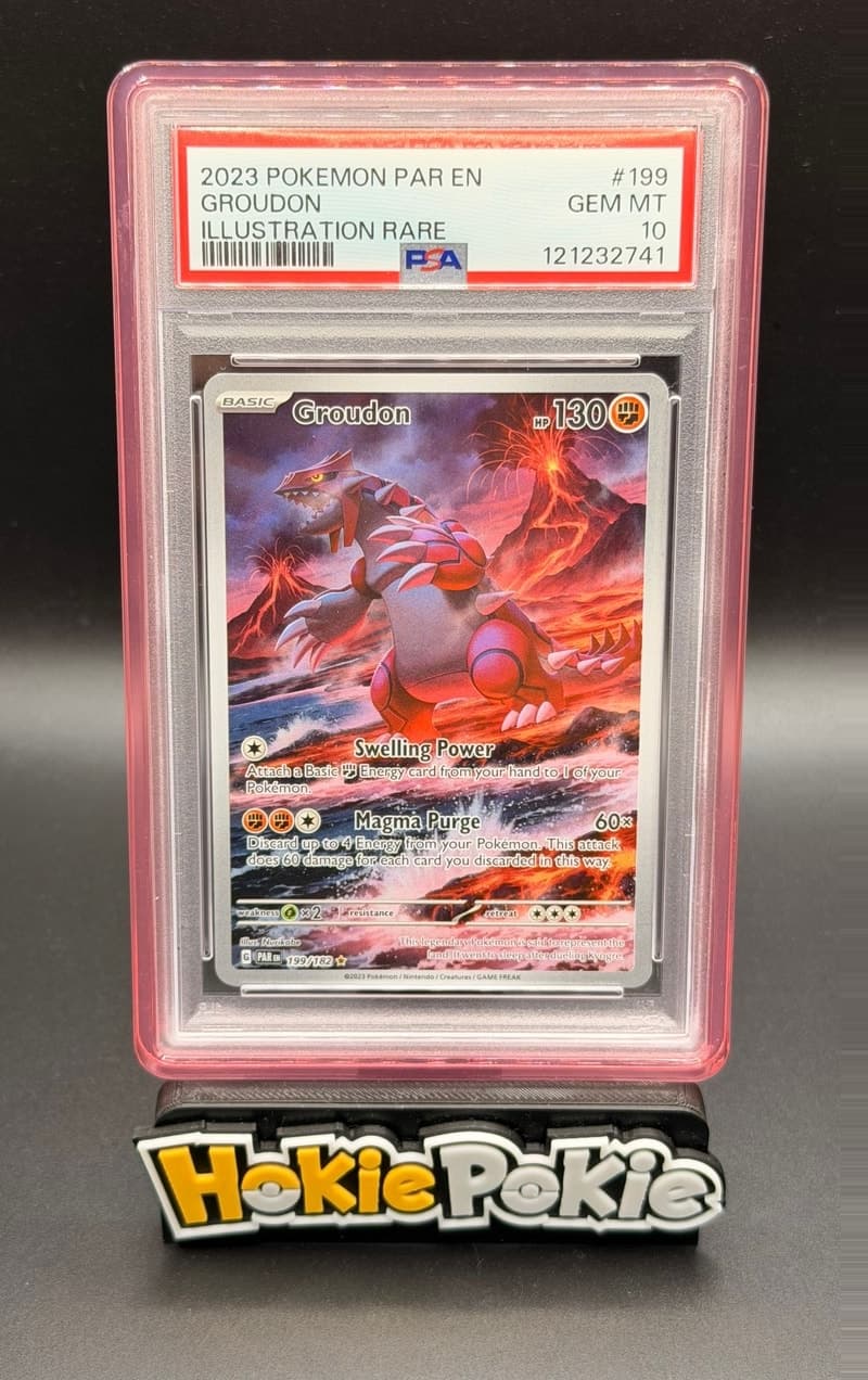 Groudon, PSA 10 graded, card 199 of 182 from the 2023 Paradox Rift Pokémon TCG set.