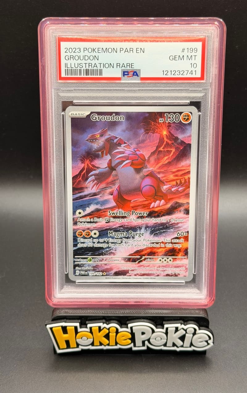 Groudon, PSA 10 graded, card 199 of 182 from the 2023 Paradox Rift Pokémon TCG set.