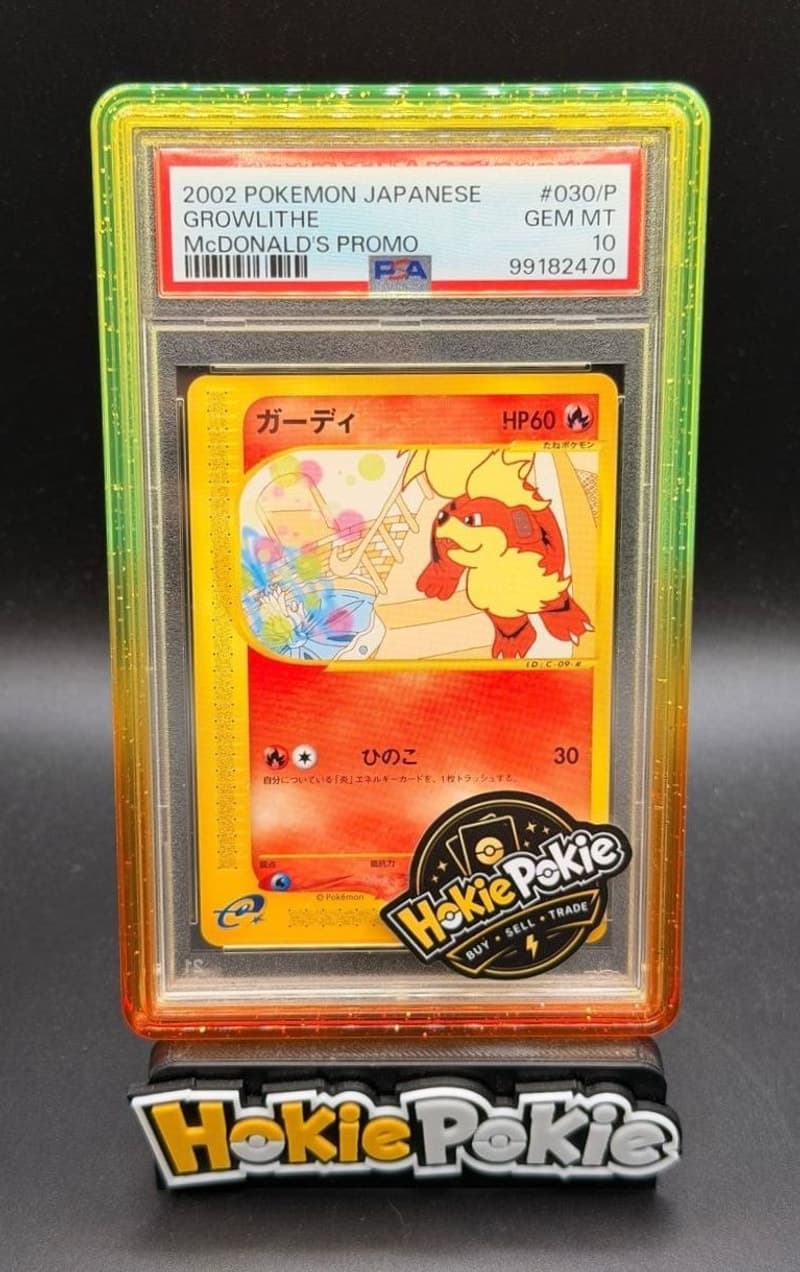 Growlithe, PSA 10 graded, card 030 / P from the 2002 McDonald's Promo (Japanese) Pokémon TCG set. Actual photo of the card in hand.