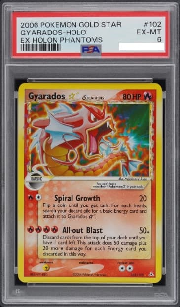 Gyarados Gold Star, PSA 6 graded, card 102 of 110 from the 2006 EX Holon Phantoms Pokémon TCG set.