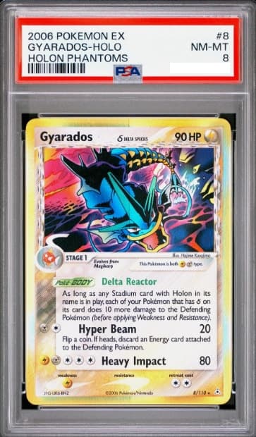 Gyarados, PSA 8 graded, card 8 of 110 from the 2006 EX Holon Phantoms Pokémon TCG set.