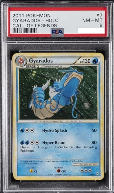 Gyarados, PSA 8 graded, card 7 of 95 from the 2011 Call of Legends Pokémon TCG set.