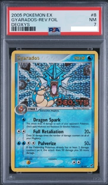 Gyarados, PSA 7 graded, card 8 of 107 from the 2005 EX Deoxys Pokémon TCG set.