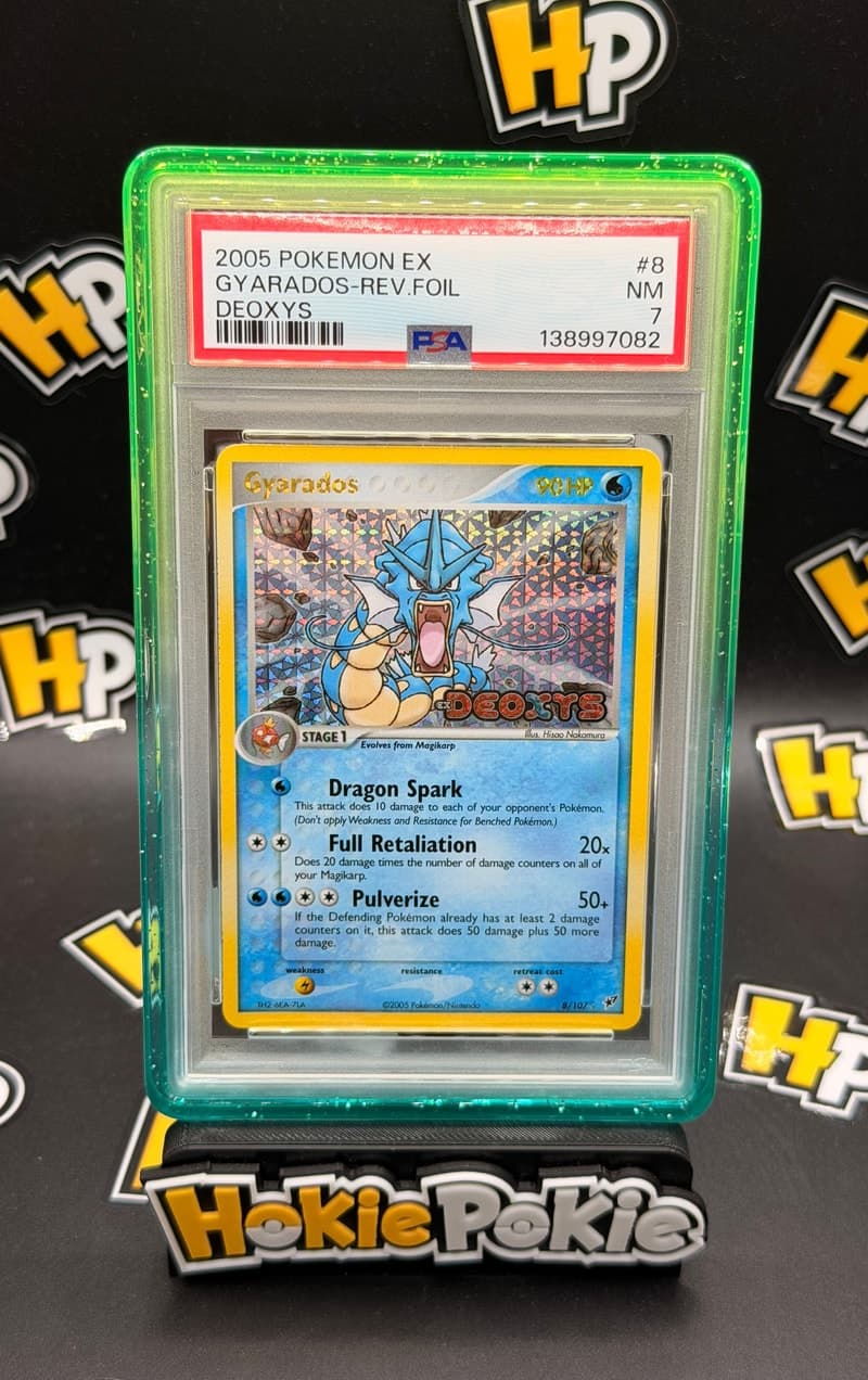 Gyarados, PSA 7 graded, card 8 of 107 from the 2005 EX Deoxys Pokémon TCG set.