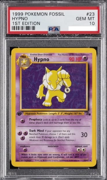 Hypno, PSA 10 graded, card 23 of 62 from the 1999 Fossil Pokémon TCG set.