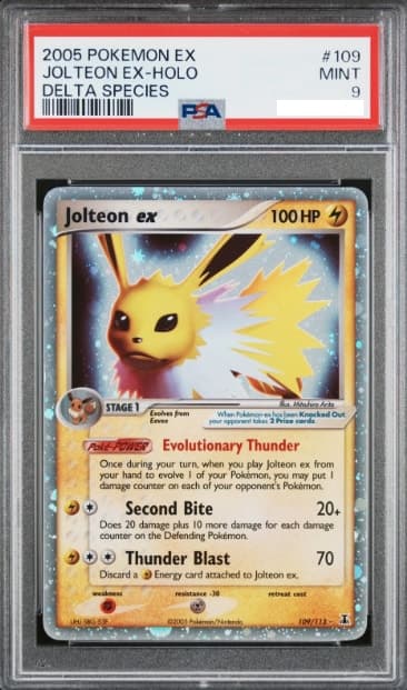 Jolteon ex, PSA 9 graded, card 109 of 113 from the 2005 EX Delta Species Pokémon TCG set.