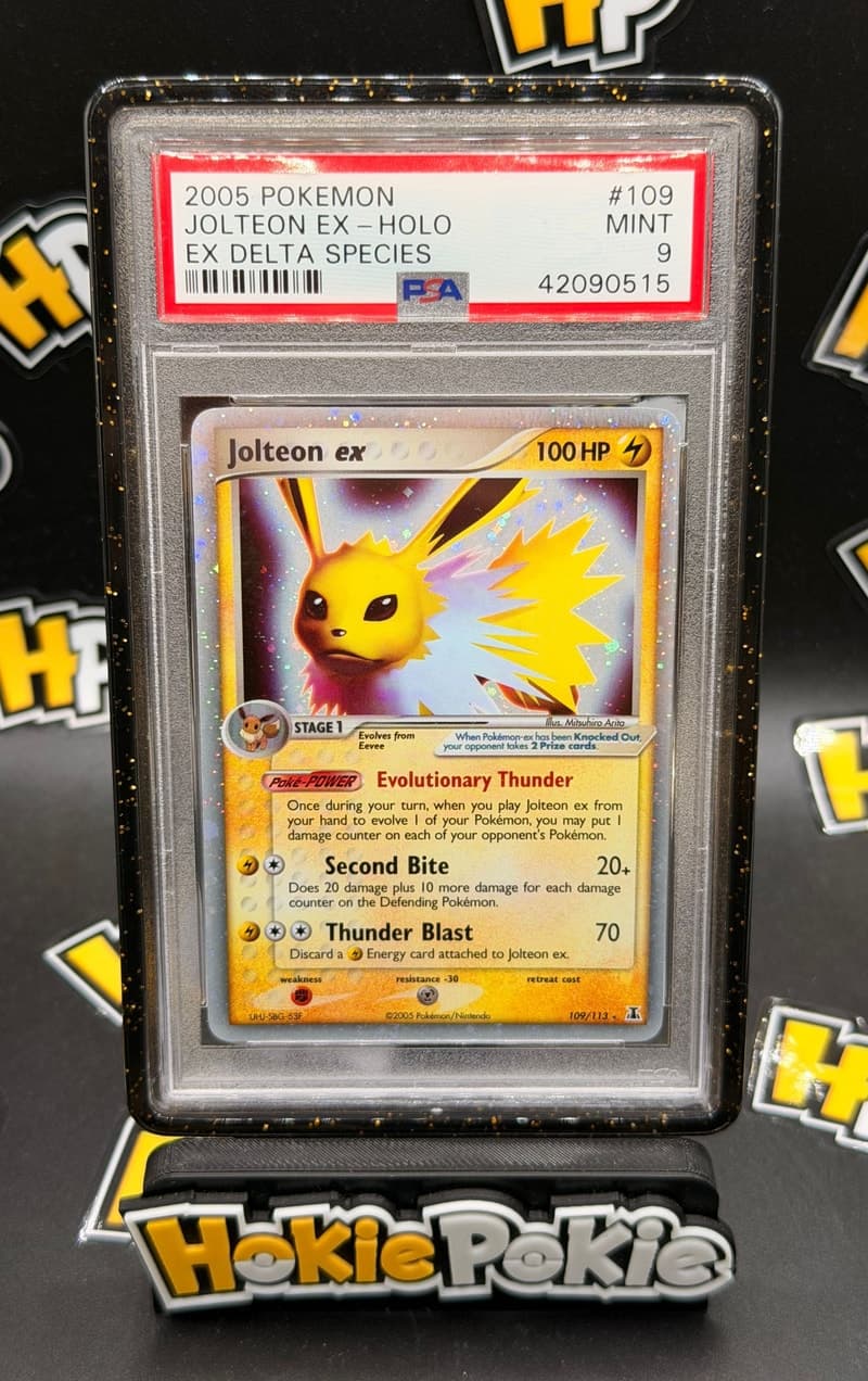 Jolteon ex, PSA 9 graded, card 109 of 113 from the 2005 EX Delta Species Pokémon TCG set.