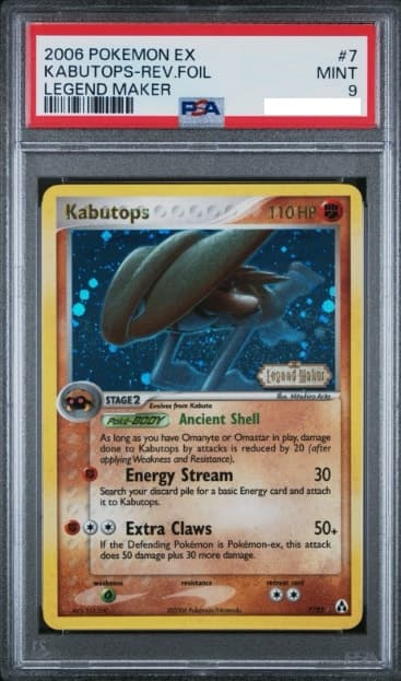 Kabutops, PSA 9 graded, card 7 of 92 from the 2006 EX Legend Maker Pokémon TCG set.