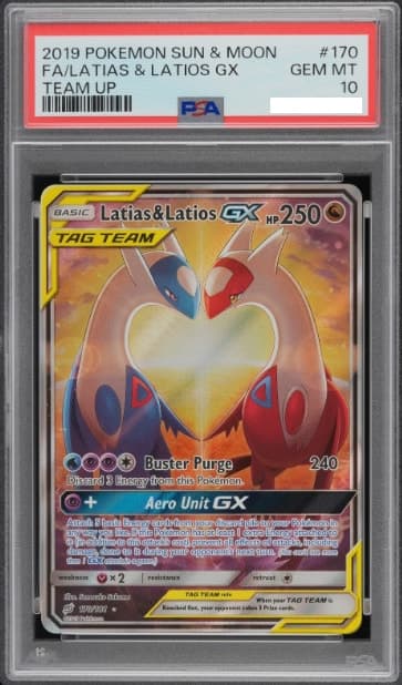 Latias & Latios GX, PSA 10 graded, card 170 of 181 from the 2019 Team Up Pokémon TCG set.