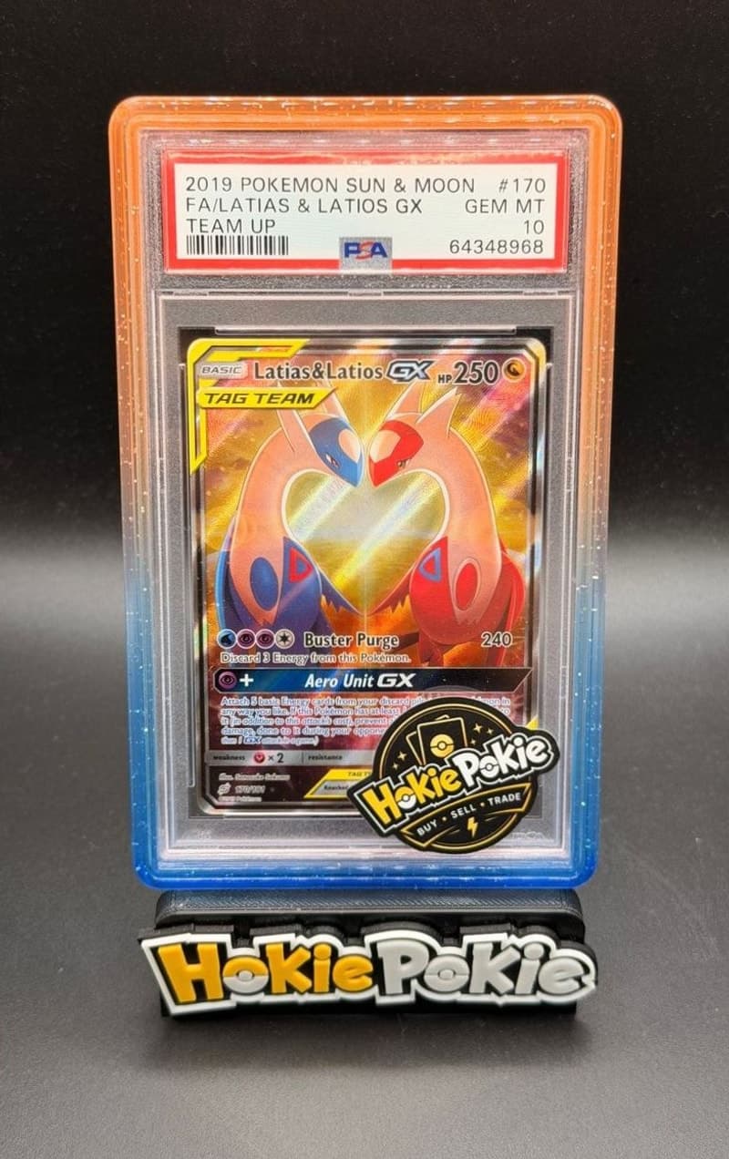 Latias & Latios GX, PSA 10 graded, card 170 of 181 from the 2019 Team Up Pokémon TCG set. Actual photo of the card in hand.