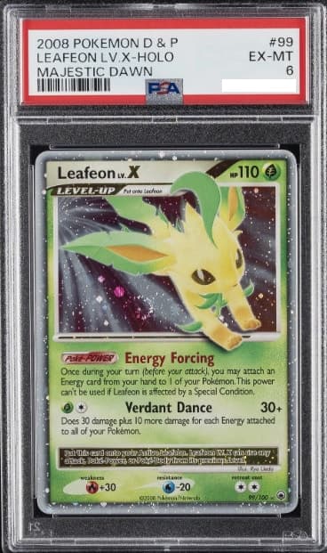 Leafeon LV.X, PSA 6 graded, card 99 of 100 from the 2008 Majestic Dawn Pokémon TCG set.