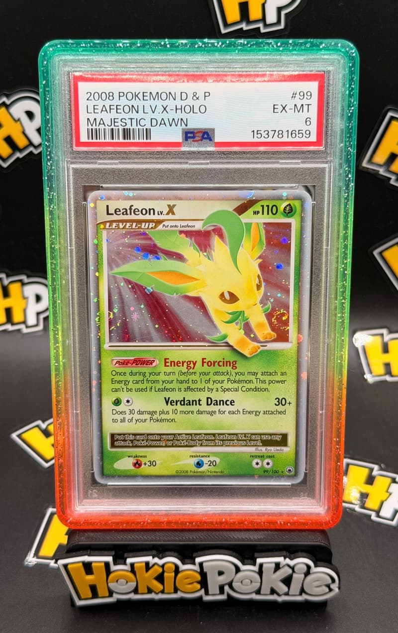 Leafeon LV.X, PSA 6 graded, card 99 of 100 from the 2008 Majestic Dawn Pokémon TCG set. Actual photo of the card in hand.