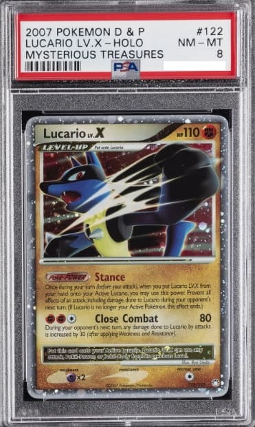 Lucario LV.X, PSA 8 graded, card 122 of 123 from the 2007 Mysterious Treasures Pokémon TCG set.