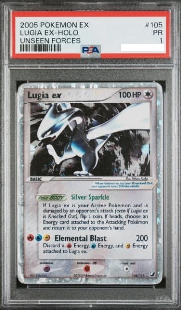 Lugia ex, PSA 1 graded, card 105 of 115 from the 2005 EX Unseen Forces Pokémon TCG set.