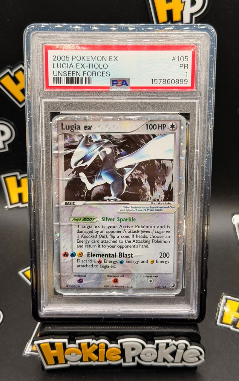 Lugia ex, PSA 1 graded, card 105 of 115 from the 2005 EX Unseen Forces Pokémon TCG set.
