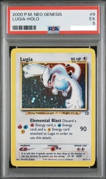 Lugia, PSA 5 graded, card 9 of 111 from the 2000 Neo Genesis Pokémon TCG set.