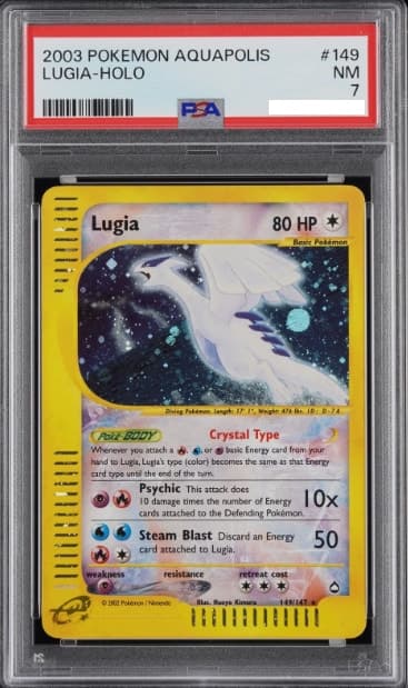 Lugia, PSA 7 graded, card 149 of 147 from the 2003 Aquapolis Pokémon TCG set.