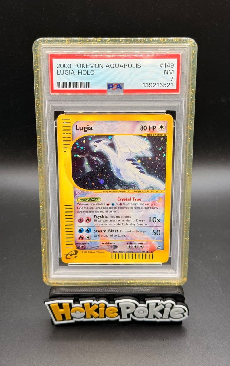 Lugia, PSA 7 graded, card 149 of 147 from the 2003 Aquapolis Pokémon TCG set. Actual photo of the card in hand.