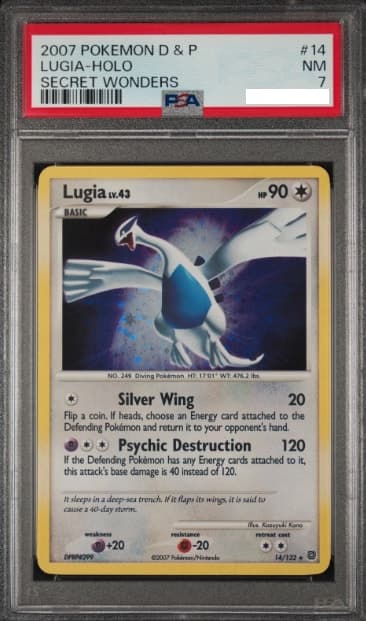 Lugia, PSA 7 graded, card 14 of 132 from the 2007 Secret Wonders Pokémon TCG set.
