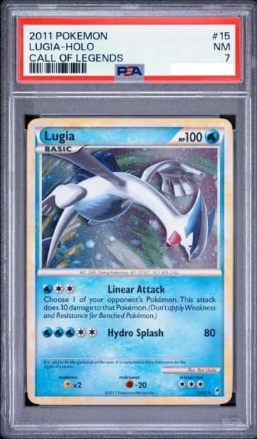 Lugia, PSA 7 graded, card 15 of 95 from the 2011 Call of Legends Pokémon TCG set.