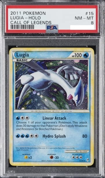 Lugia, PSA 8 graded, card 15 of 95 from the 2011 Call of Legends Pokémon TCG set.