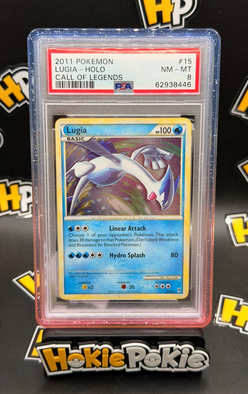 Lugia, PSA 8 graded, card 15 of 95 from the 2011 Call of Legends Pokémon TCG set. Actual photo of the card in hand.