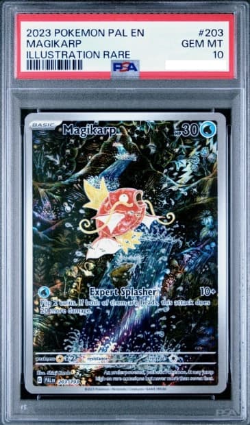 Magikarp, PSA 10 graded, card 203 of 193 from the 2023 Paldea Evolved Pokémon TCG set.