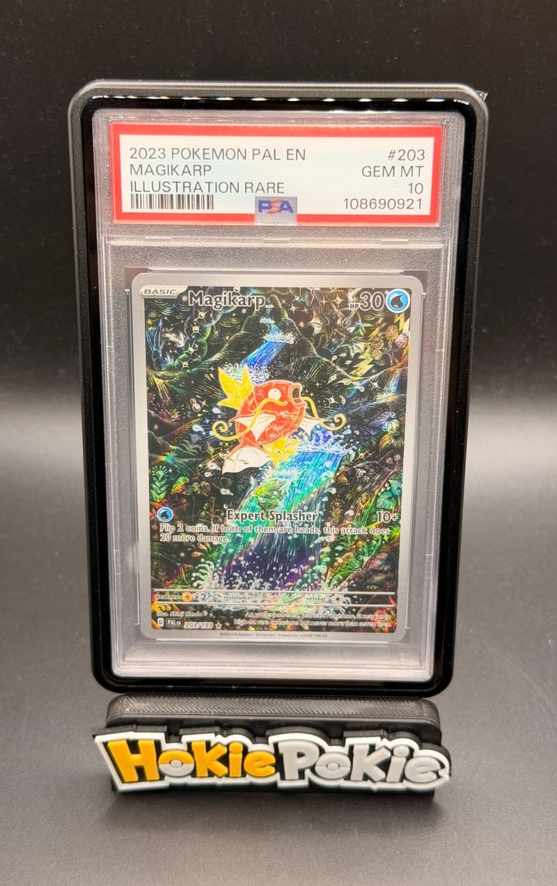 Magikarp, PSA 10 graded, card 203 of 193 from the 2023 Paldea Evolved Pokémon TCG set.