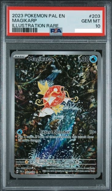 Magikarp, PSA 10 graded, card 203 of 193 from the 2023 Paldea Evolved Pokémon TCG set.
