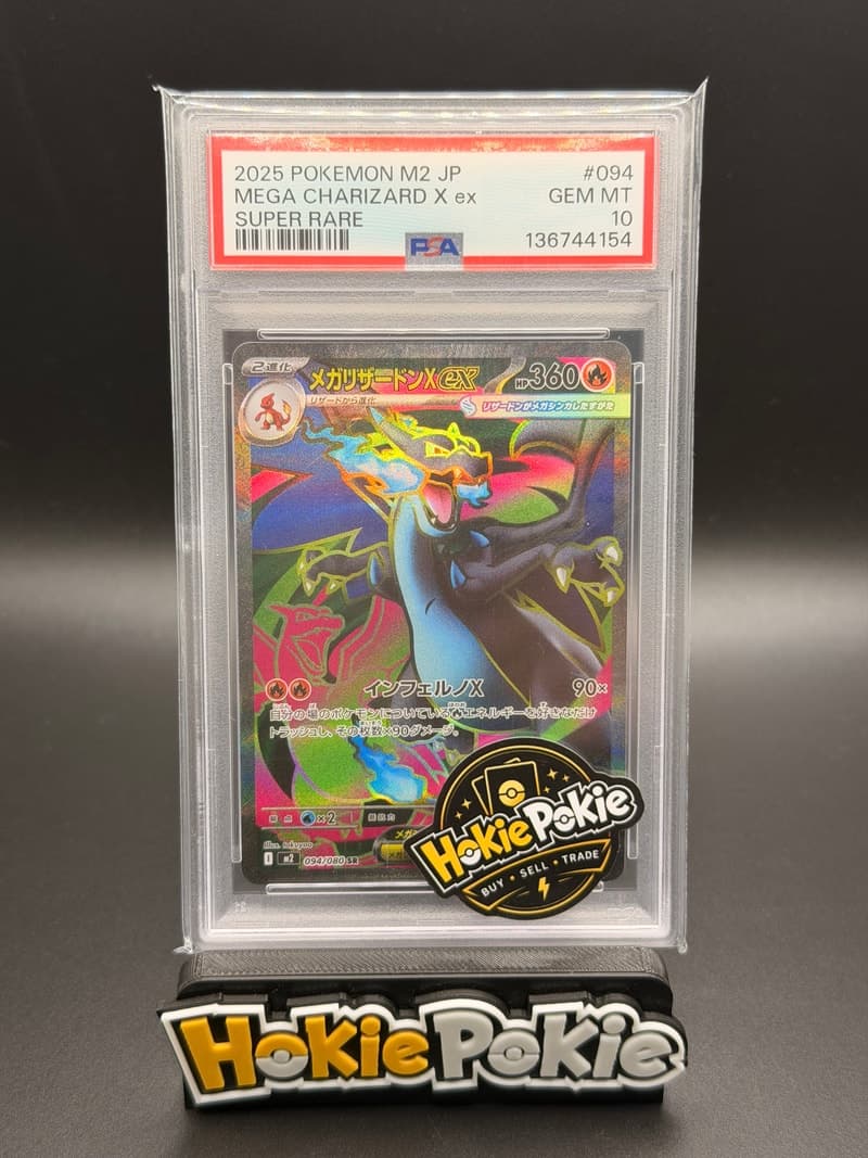 Mega Charizard X ex, PSA 10 graded, card 94 of 80 from the 2025 Japanese M2 Pokémon TCG set. Actual photo of the card in hand.