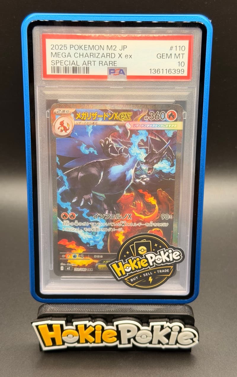 Mega Charizard X ex, PSA 10 graded, card 110 of 80 from the 2025 Japanese M2 Pokémon TCG set.