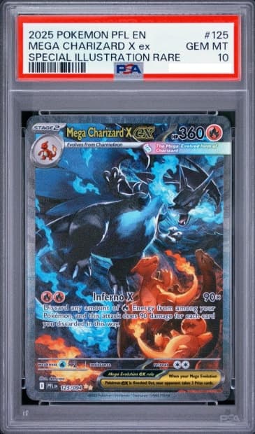 Mega Charizard X ex, PSA 10 graded, card 125 of 94 from the 2025 Phantasmal Flames Pokémon TCG set.