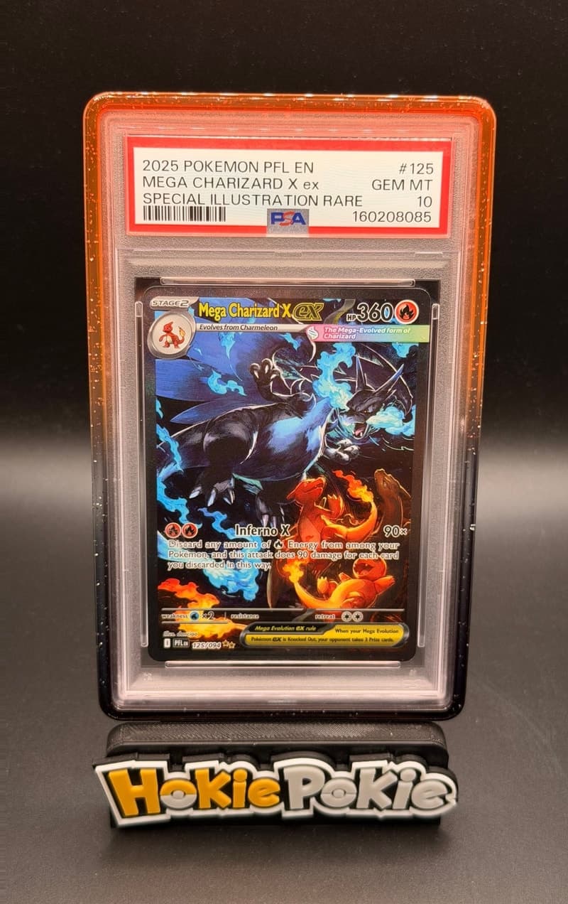 Mega Charizard X ex, PSA 10 graded, card 125 of 94 from the 2025 Phantasmal Flames Pokémon TCG set.